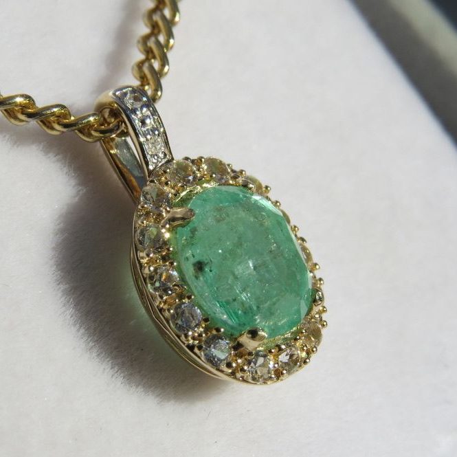 Unheated Columbian Emerald diamond 14k Gold Pendant Natural Solid Earth Mined Emerald